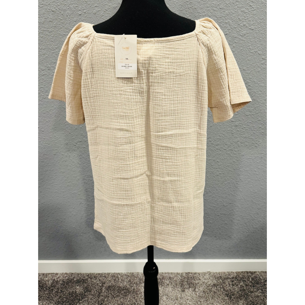 Casual Puff-Sleeve Textured V-Neck Top, Size M, Beige - Picture 4 of 6